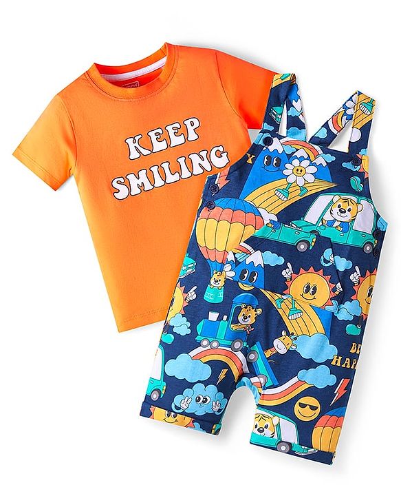 Babyhug Single Jersey Knit Dungaree & Half Sleeves T-Shirt With Animal Print - Blue & Orange