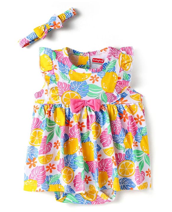 Babyhug 100% Cotton Knit Sleeveless Printed Onesies With Hairband - Yellow