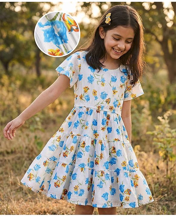 Pine Kids Cotton Woven Flutter Sleeves Frock with Floral Print - White & Light Blue
