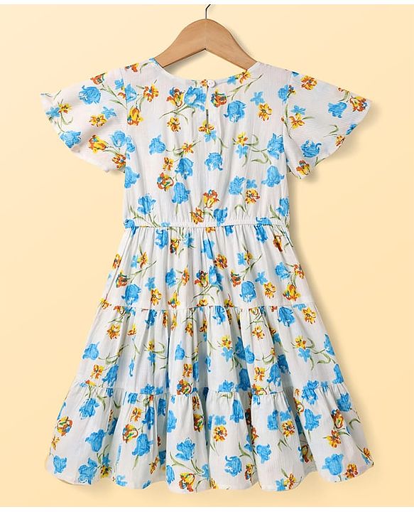 Pine Kids Cotton Woven Flutter Sleeves Frock with Floral Print - White & Light Blue