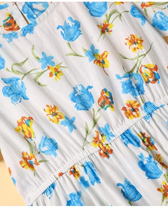 Pine Kids Cotton Woven Flutter Sleeves Frock with Floral Print - White & Light Blue