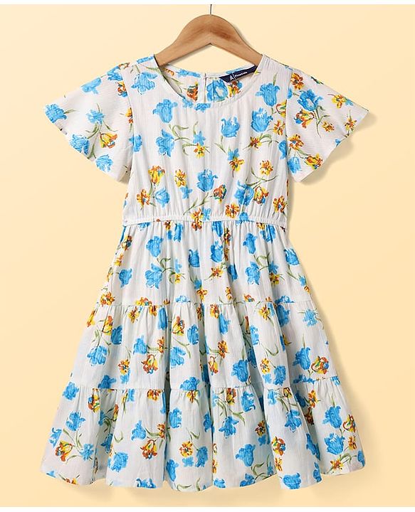 Pine Kids Cotton Woven Flutter Sleeves Frock with Floral Print - White & Light Blue