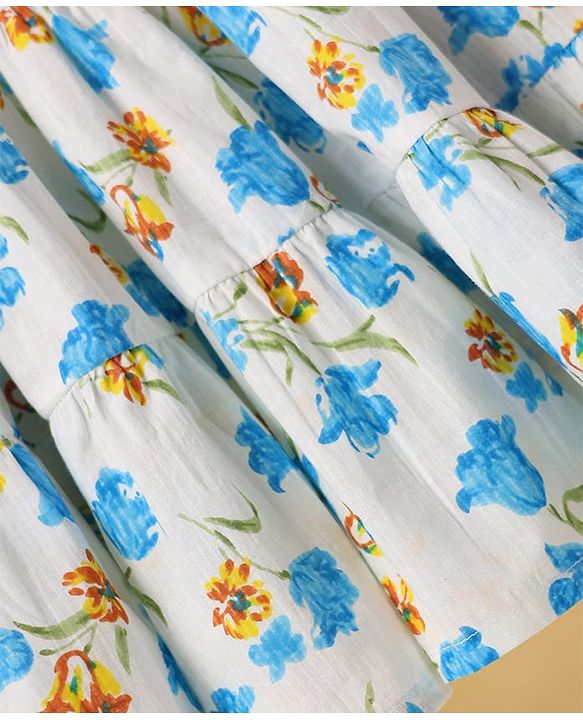 Pine Kids Cotton Woven Flutter Sleeves Frock with Floral Print - White & Light Blue