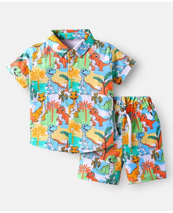 Babyhug Single Jersey Knit Half Sleeves Shirt & Shorts Co-Ord Set With Dino Print - Multicolor