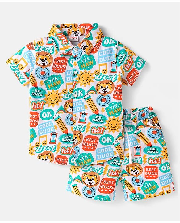 Babyhug Single Jersey Knit Half Sleeves Co-ords Shirt & Shorts Set with Text Print - White