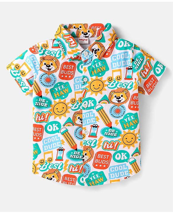 Babyhug Single Jersey Knit Half Sleeves Co-ords Shirt & Shorts Set with Text Print - White