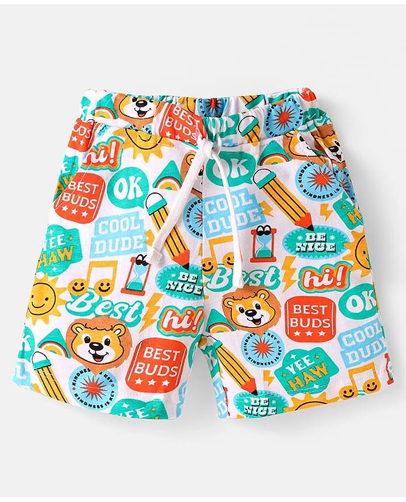Babyhug Single Jersey Knit Half Sleeves Co-ords Shirt & Shorts Set with Text Print - White