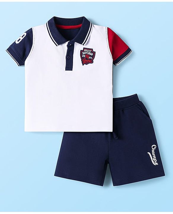 Babyhug Single Jersey Knit Half Sleeves T-Shirt & Shorts Set With Text Patch - White & Navy Blue