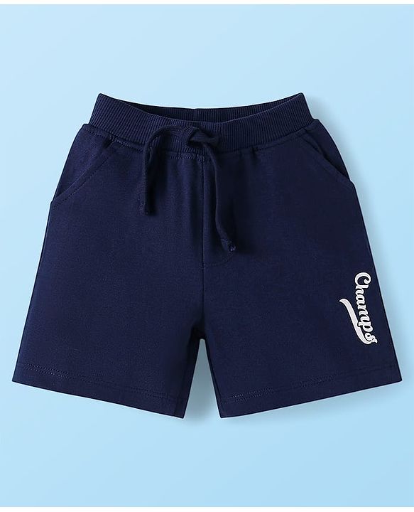 Babyhug Single Jersey Knit Half Sleeves T-Shirt & Shorts Set With Text Patch - White & Navy Blue