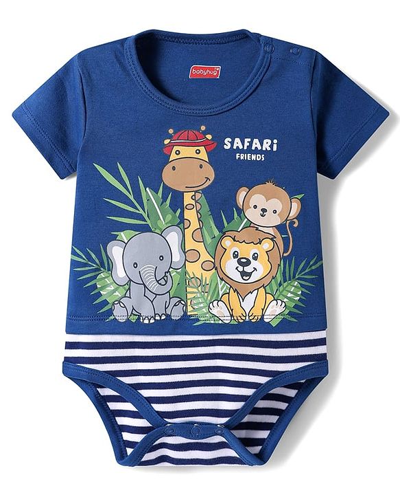 Babyhug 100% Cotton Knit Half Sleeves Onesie with Animal Print - Navy Blue