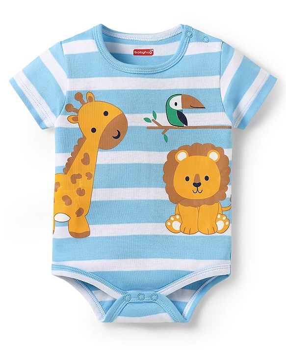 Babyhug 100% Cotton Knit Half Sleeves Onesie With Stripes & Animal Print - Light Blue