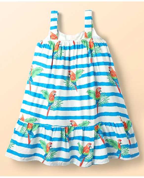 Babyhug Cotton Woven Sleeveless Striped Frock With Bird Print - Light Blue & White