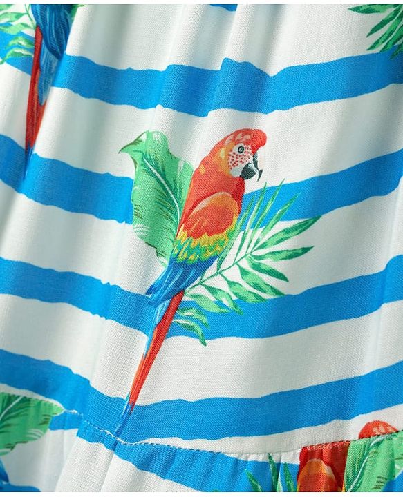 Babyhug Cotton Woven Sleeveless Striped Frock With Bird Print - Light Blue & White