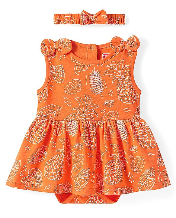 Babyhug 100% Cotton Knit Sleeveless Tropical Theme Printed Frock Style Onesie with Headband & Bow Applique - Orange