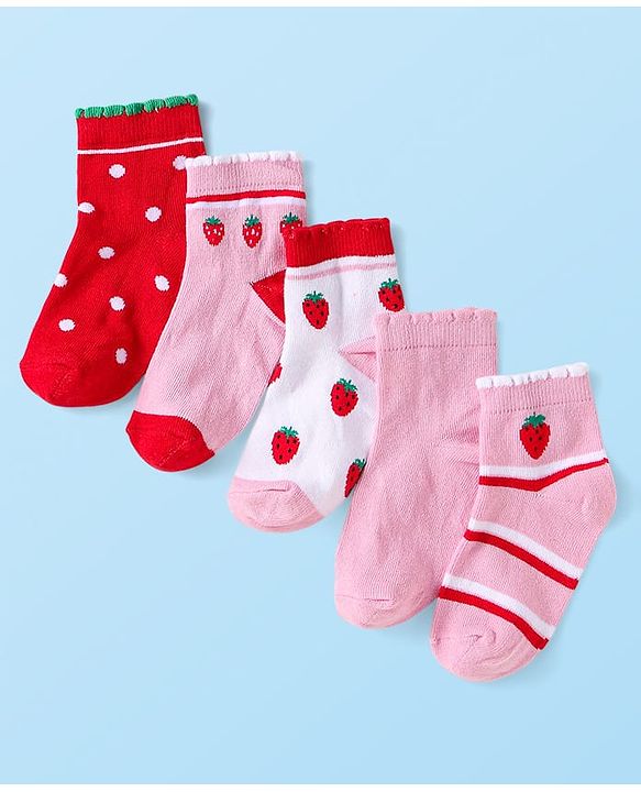 Cute Walk By Babyhug Knit Ankle Length Anti-Bacterial Socks with Strawberry Design Pack of 5 - Pink