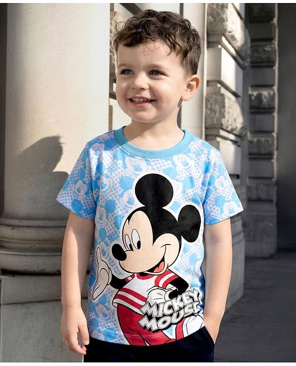 Babyhug Disney Single Jersey Knit Half Sleeve T-Shirt With Mickey Mouse Graphics - Light Blue