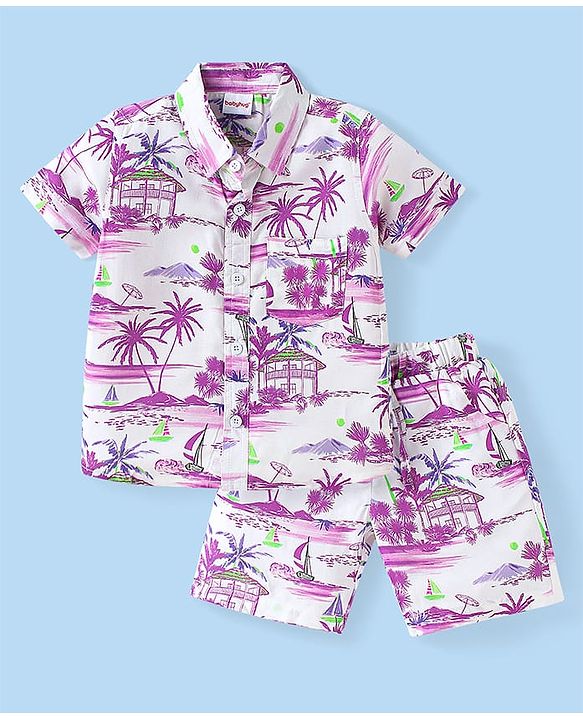 Babyhug Rayon Knit Half Sleeves Shirt & Shorts Co-Ord Set With Beach Theme Print - White