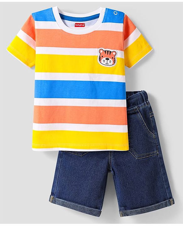 Babyhug Single Jersey Knit Half Sleeves T-Shirt & Denim Shorts Set with Tiger Patch & Stripes - Navy Blue & White