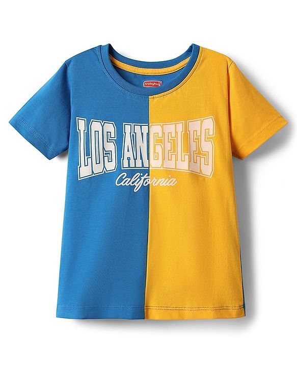 Babyhug Single Jersey Knit Half Sleeves Cut & Sew T-Shirt & Denim Shorts Set with Text Print - Blue & Yellow
