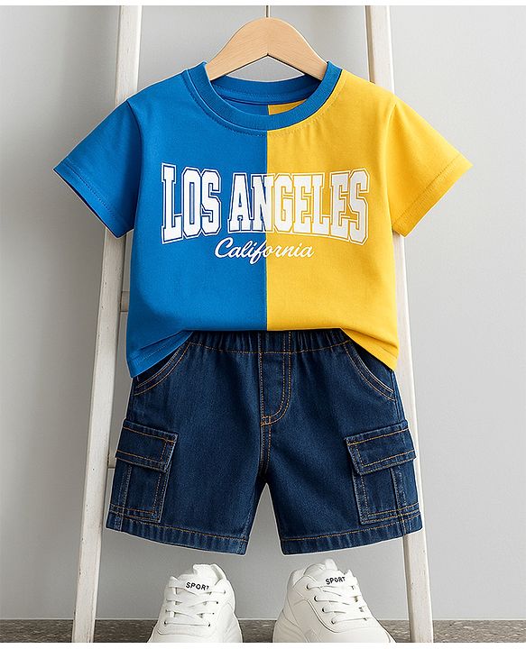 Babyhug Single Jersey Knit Half Sleeves Cut & Sew T-Shirt & Denim Shorts Set with Text Print - Blue & Yellow