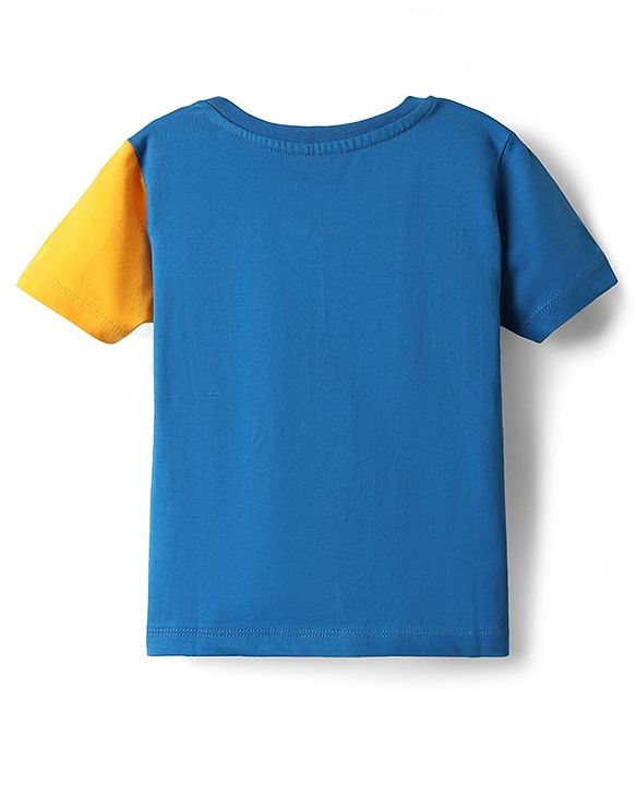 Babyhug Single Jersey Knit Half Sleeves Cut & Sew T-Shirt & Denim Shorts Set with Text Print - Blue & Yellow