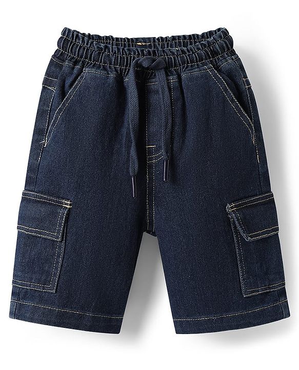 Babyhug Single Jersey Knit Half Sleeves Cut & Sew T-Shirt & Denim Shorts Set with Text Print - Blue & Yellow