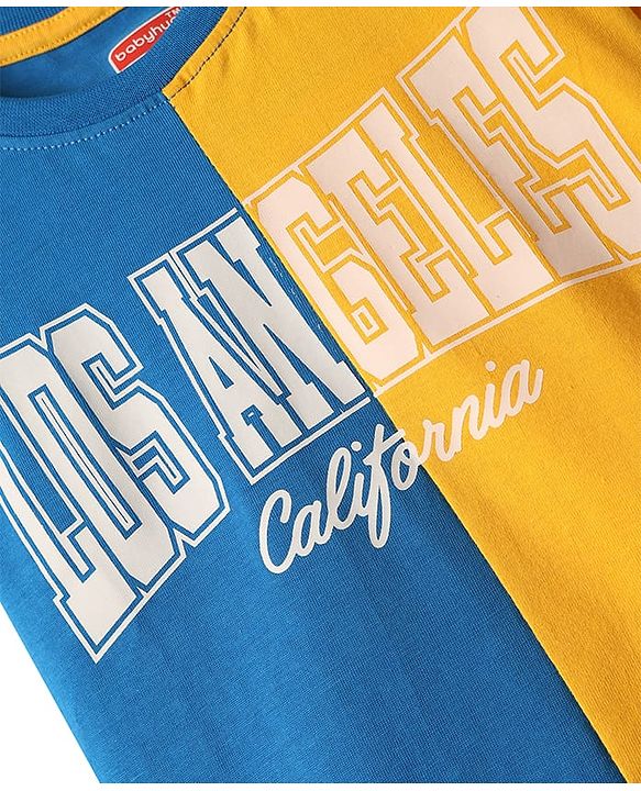 Babyhug Single Jersey Knit Half Sleeves Cut & Sew T-Shirt & Denim Shorts Set with Text Print - Blue & Yellow