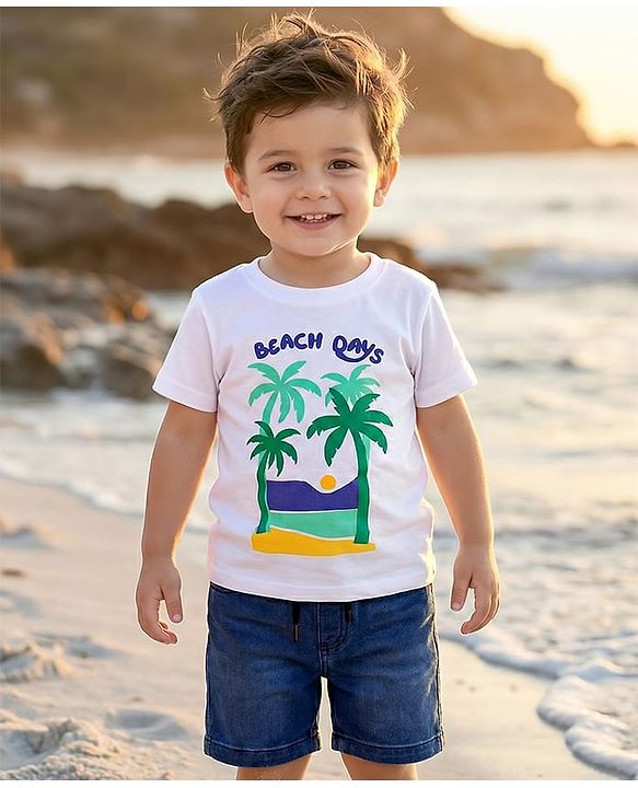 Babyhug Terry Knit Half Sleeves T-Shirt & Denim Shorts Set With Beach Theme Print - White & Blue