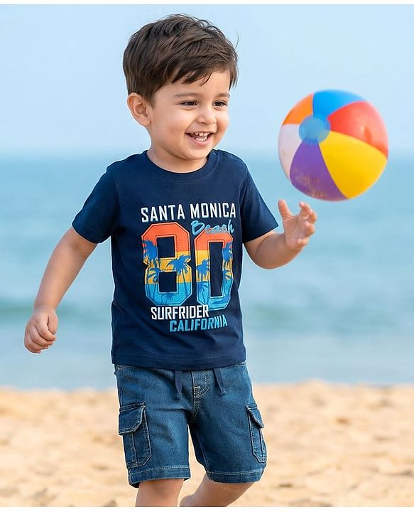 Babyhug Single Jersey Knit Half Sleeves T-Shirt & Denim Shorts Set With California Print - Navy Blue