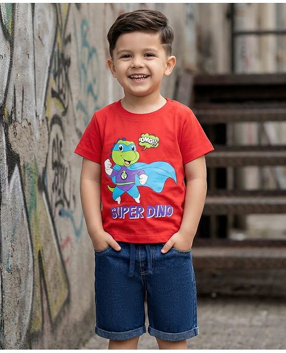 Babyhug Single Jersey Knit Half Sleeves T-Shirt & Denim Shorts Set With Dino Print - Red & Blue