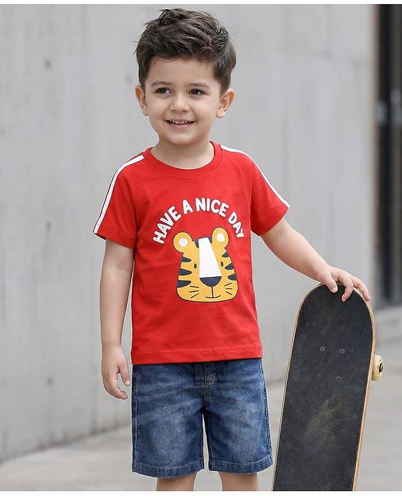 Babyhug Single Jersey Knit Half Sleeves T-Shirt & Denim Shorts Set with Tiger Print & Tape Detailing - Red
