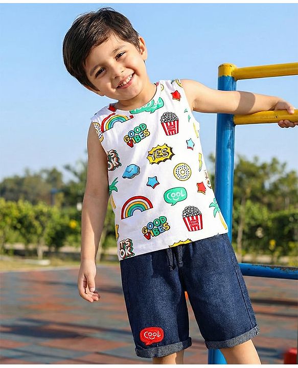 Babyhug Single Jersey Knit Sleeves T-Shirt & Shorts Set with Good Vibes Printed - Navy Blue & White