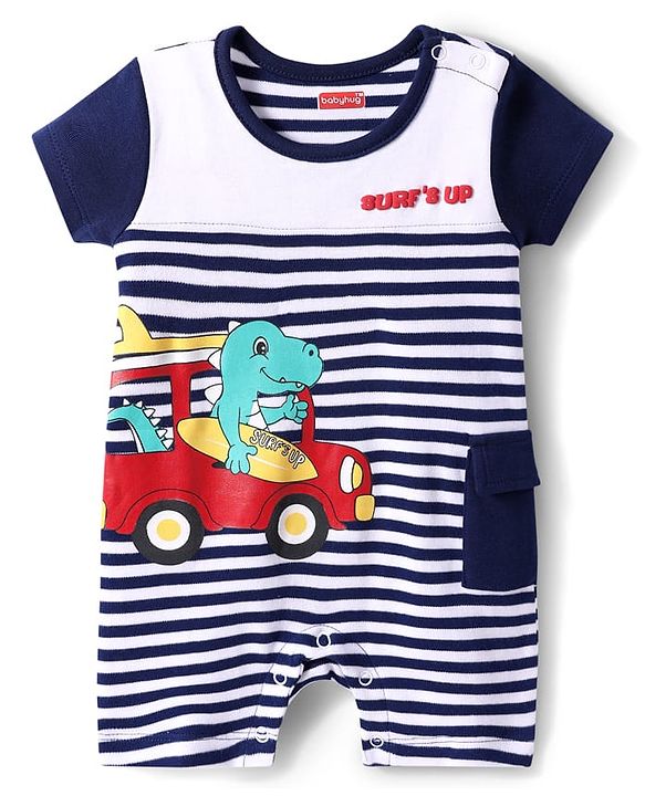 Babyhug 100% Cotton Knit Half Sleeves Romper With Dino Print - White & Blue
