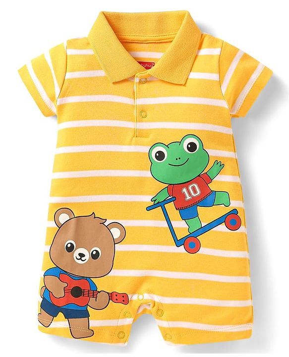Babyhug 100% Cotton Knit Half Sleeves Striped Romper With Animal Print - Yellow