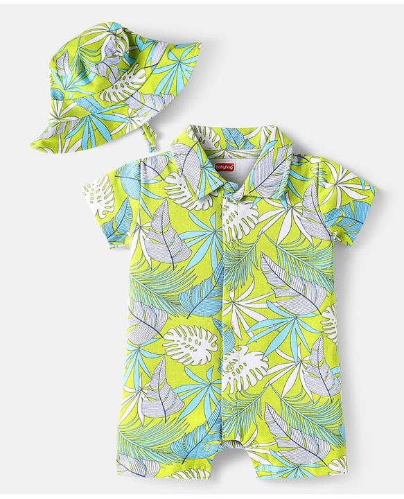 Babyhug 100% Cotton Knit Half Sleeves Romper With Leaf Print & Bucket Hat - Light Green