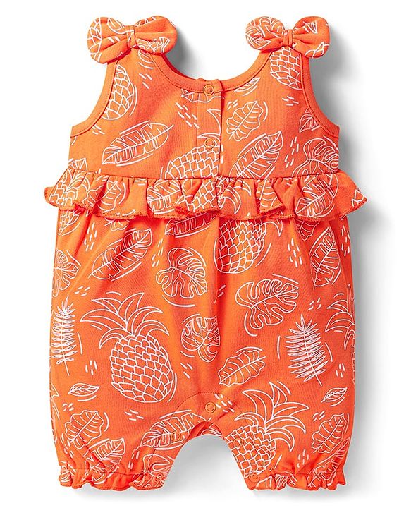 Babyhug 100% Cotton Knit Sleeveless Tropical Theme Printed Romper with Bow Applique - Orange