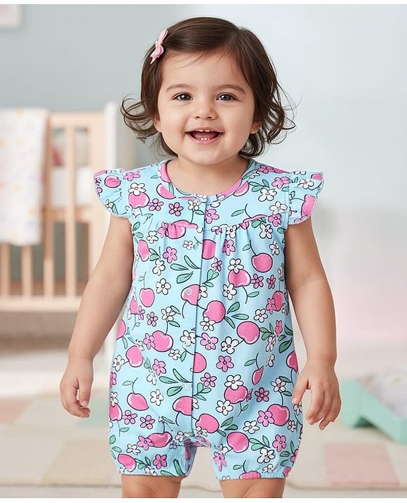 Babyhug 100% Cotton Knit Frill Sleeves Romper With Floral Print - Light Blue