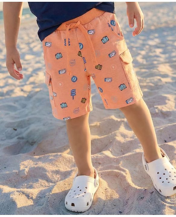 Babyhug Cotton Knit  Mid Thigh Shorts Travel Theme Print - Ligh Orange