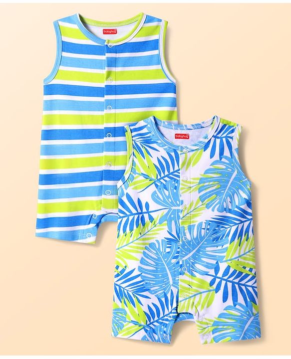 Babyhug 100% Cotton Knit Sleeveless Front Open Rompers with Leaves Print & Stripes Pack of 2 - Light Blue & Green