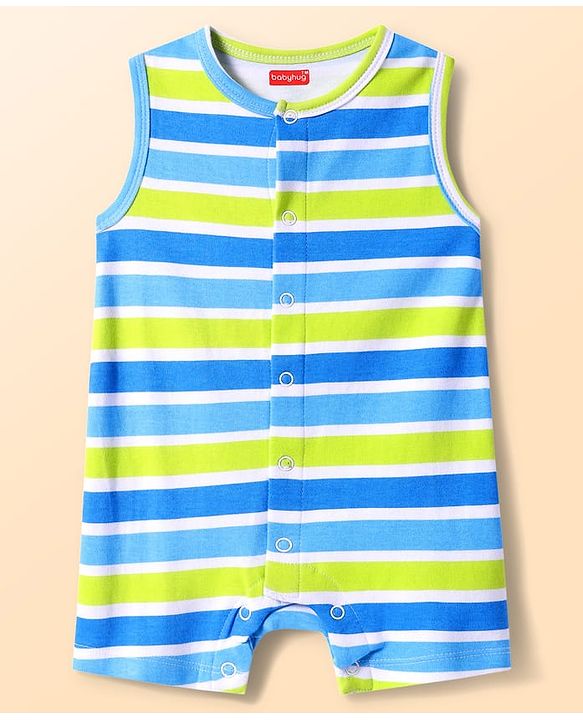 Babyhug 100% Cotton Knit Sleeveless Front Open Rompers with Leaves Print & Stripes Pack of 2 - Light Blue & Green