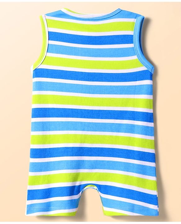 Babyhug 100% Cotton Knit Sleeveless Front Open Rompers with Leaves Print & Stripes Pack of 2 - Light Blue & Green