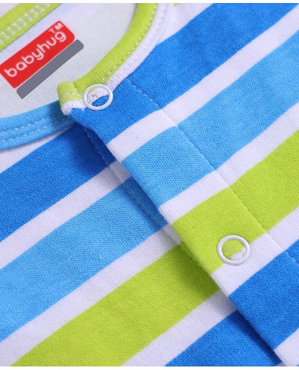 Babyhug 100% Cotton Knit Sleeveless Front Open Rompers with Leaves Print & Stripes Pack of 2 - Light Blue & Green