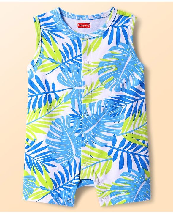 Babyhug 100% Cotton Knit Sleeveless Front Open Rompers with Leaves Print & Stripes Pack of 2 - Light Blue & Green