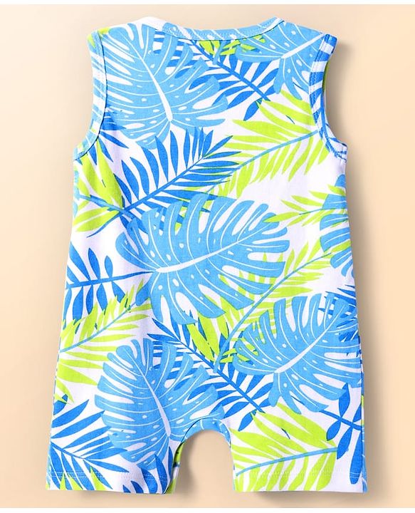 Babyhug 100% Cotton Knit Sleeveless Front Open Rompers with Leaves Print & Stripes Pack of 2 - Light Blue & Green
