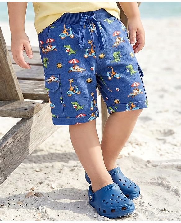 Babyhug 100% Cotton Knit Half Sleeves Surfing Bear Printed T-Shirt & Striped Shorts  - Yellow & Blue