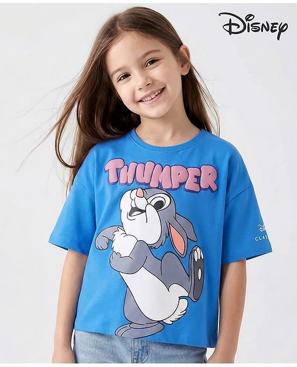 Pine Kids Disney Terry Knit Half Drop Shoulder Sleeves Oversized T-Shirt with Thumper Puff Graphics - Blue