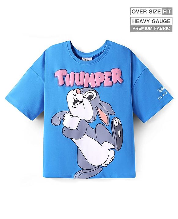 Pine Kids Disney Terry Knit Half Drop Shoulder Sleeves Oversized T-Shirt with Thumper Puff Graphics - Blue