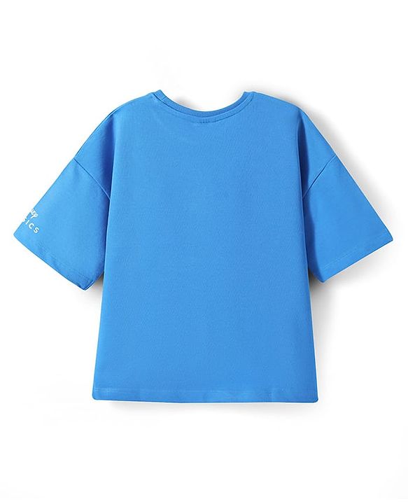 Pine Kids Disney Terry Knit Half Drop Shoulder Sleeves Oversized T-Shirt with Thumper Puff Graphics - Blue