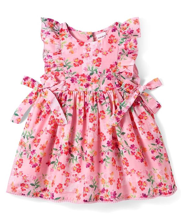 Babyhug Cotton Woven Frill Sleeves Frock With Floral Print & Bow Applique - Pink