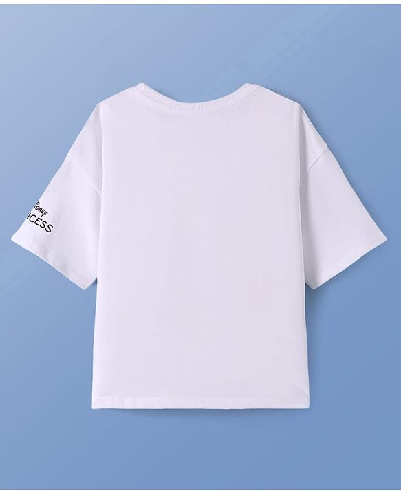 Pine Kids Disney Terry Knit Half Sleeves Oversized Drop Shoulder T-Shirt With Disney Princess Ariel Graphics And Sequins Detailing - White